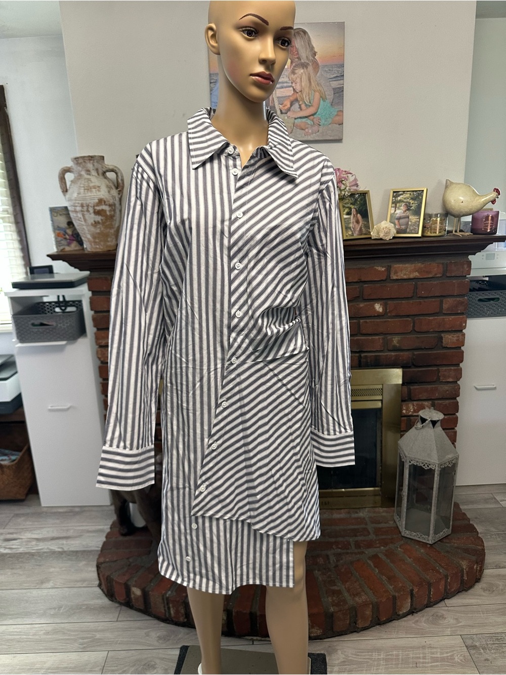 Striped Button-Front Shirt Dress -XXL